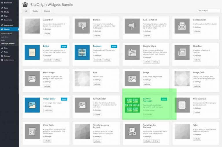 Setting up a carousel using SiteOrigin Page builder, Widgets bundle, and PAJ Featured Image Carousel.
